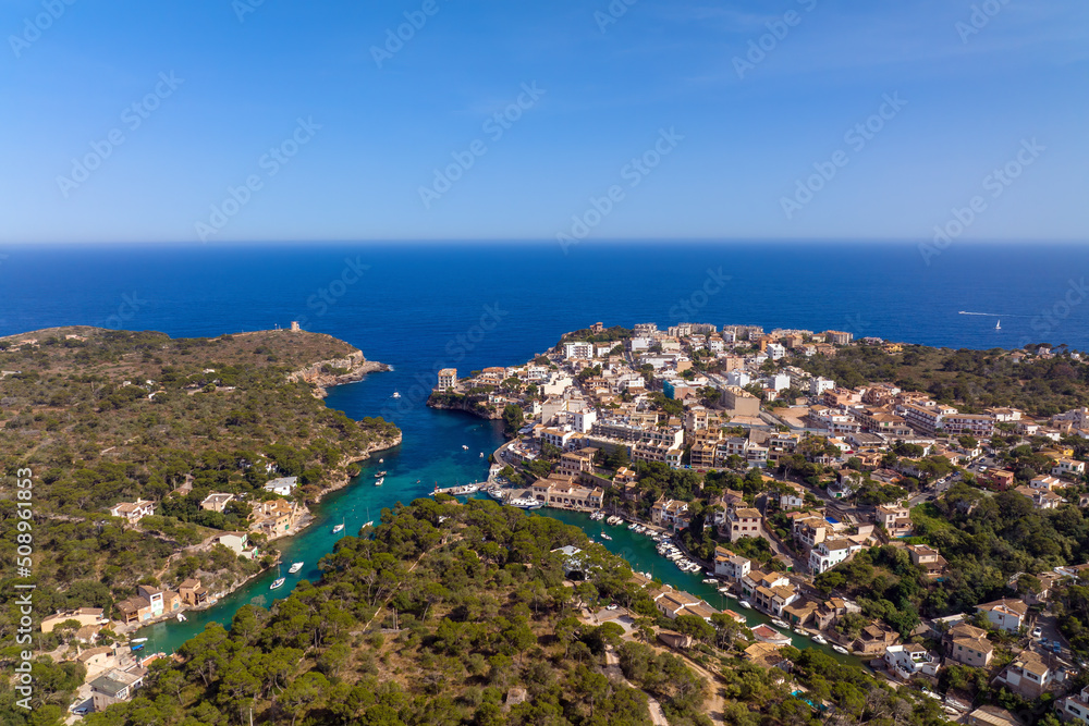 Aerial view of the beautiful fishing village of Cala Figuera in Mallorca, Spain