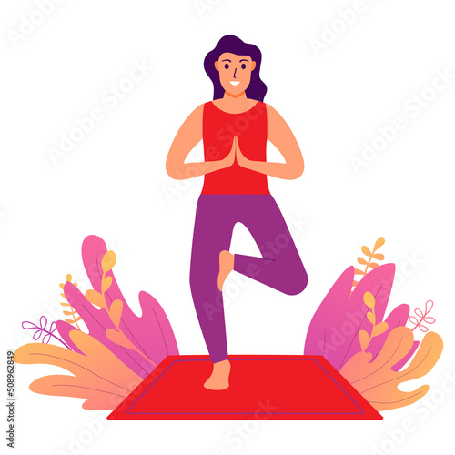 Woman standing in tree pose yoga.Female practicing yoga hand drawn.Girl in yoga Vrikshasana asana.Character cartoon vector illustration.