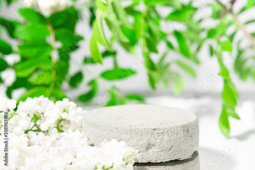 Gray concrete podium with green leaves and white flowers. Natural background with a stage for product presentation, copy space.