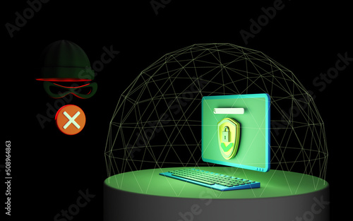 Desktop computer with antimalware protects itself from a cybercriminal. Anti-virus force field shield against hackers. photo