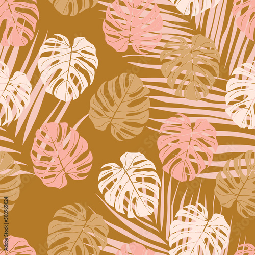 Beautiful tropical branches and leaves pattern design. Good for prints  wrapping  textile  and fabric. Hand-drawn background. Botanic Tile. Surface pattern design.