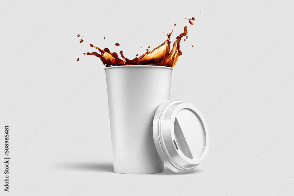 Paper Splashed Coffee Paper coffee cup with coffee splash mockup template, isolated on light ...