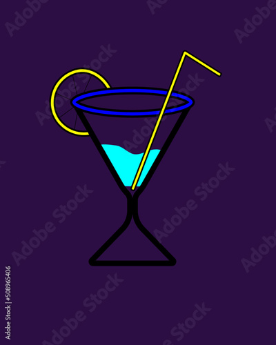 Image of cocktail with tubule and lemon on purple background