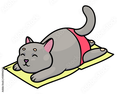 Chubby gray cat in red swimming trunks resting on a towel children's cute illustration