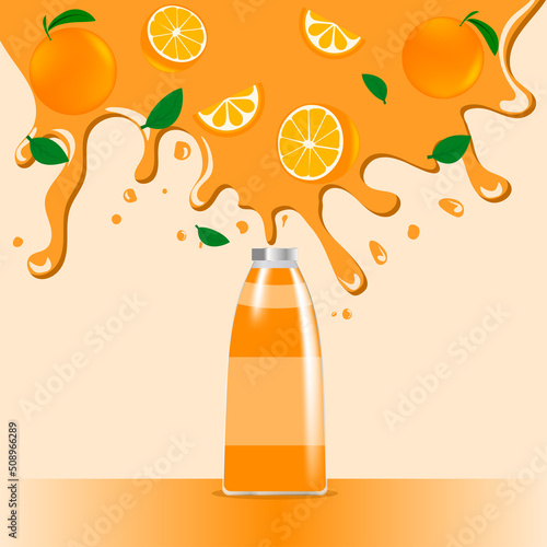 glass bottle with orange juice and splash. splash from a bottle of orange juice