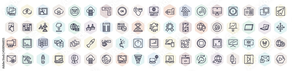 computer and media outline icons set. thin line icons such as notebook double tool image, cellphone in a hand, ok button, rss updates subscription, server with the earth, screen canvas, link on