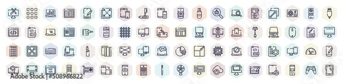 responsive web outline icons set. thin line icons such as pencil and brush crossed, stats on a screen, teeth cleaning, computer search, power adapter, cd room, expand screen, code rate, pencil,