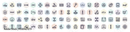 car parts outline icons set. thin line icons such as car exhaust, car cylinder head, seat belt or safety belt, air bag, fender (us, canadian), brake pad, spare wheel, accelerator, choke