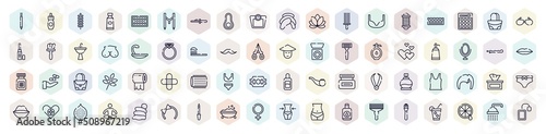 wellness and spa outline icons set. thin line icons such as eyebrow pencil, lavender, avocado, bra, hair wash sink, null, hair roller, tissues, femenine icon.