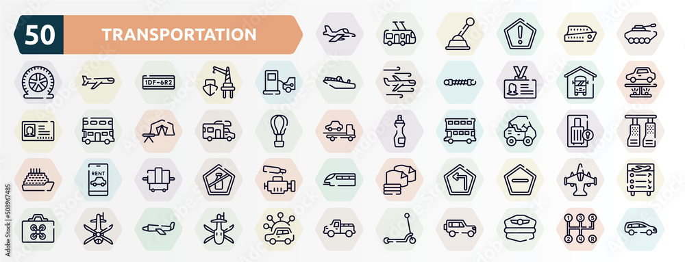 transportation outline icons set. thin line icons such as army airplane ...