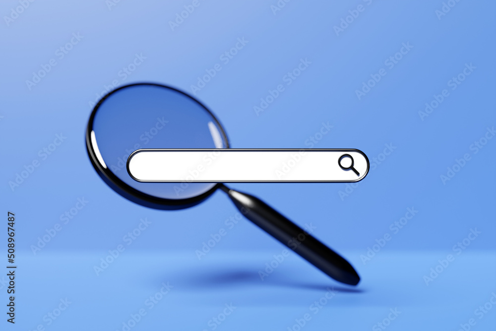 3D illustration of a internet search page with magnifying glass with shadow on blue isolated background 3D illustration of a internet search page with magnifying glass with shadow on blue isolated background