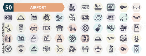 airport outline icons set. thin line icons such as toiletries, old fashion glasses, airport, journey, plate, knife and fork, airplane tickets, hanger with a towel, bell reception, airport flight