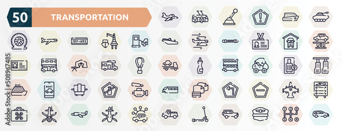 transportation outline icons set. thin line icons such as army airplane, armored vehicle, refilling, bus depot, rv, all terrain, x-ray, left turn, helicopter black shape top view, kick icon.