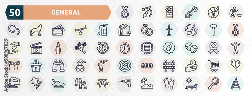 general outline icons set. thin line icons such as number one medal, poor, fire estinguisher, sledgehammer, daisy bouquet, nuts, binocular, traffic barriers, chef hat with a pencil, sand icon.