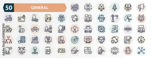 general outline icons set. thin line icons such as ar graph, agitation, digital banking, inauguration, hr planning, agent script, info chart, business networking, computing technology, add photos