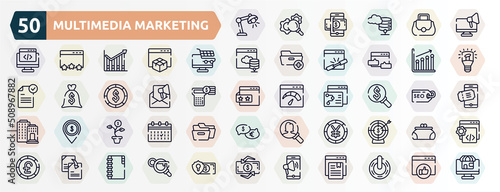 multimedia marketing outline icons set. thin line icons such as study light, responsive marketing, e commerce, seo performance, marketing email, currency search, money flower, yen big coin,