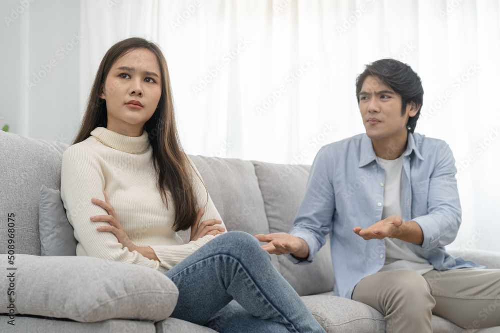 Breakup and depressed, asian young quarrel couple love fight relationship in trouble. Different people are emotion angry. Argue wife has expression, upset with husband. Problem of family people. Breakup and depressed, asian young quarrel couple love fight relationship in trouble. Different people are emotion angry. Argue wife has expression, upset with husband. Problem of family people.