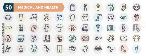 medical and health outline icons set. thin line icons such as sight check table, life saver, hair wash, eyesight, butt, momentum, impaired, chopper, drop medicine, type 0 icon.