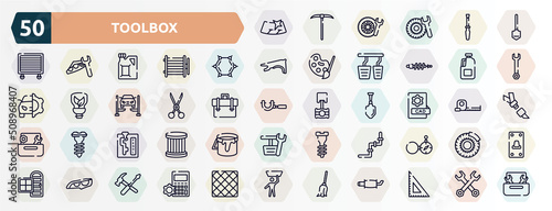 toolbox outline icons set. thin line icons such as windshield, working shovel, benzene, gallon oil, shears, cad, automatic transmission, junction, headlights, cleaning mop icon.
