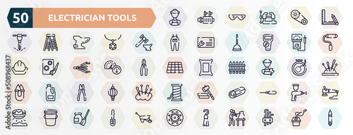 electrician tools outline icons set. thin line icons such as construction worker, drawing tool, blacksmith, electric meter, oil gauge, electrician, clamps, woods, water bucket, tassel icon.