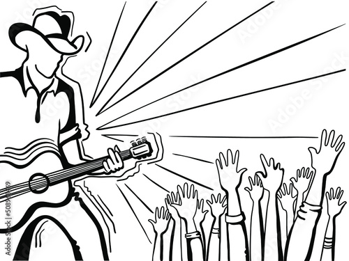 Musician playing guitar country music festival. Vector guitar player man with cowboy hat and fans on graphic scetch music background