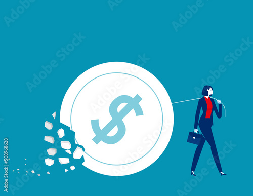 The money coin pulled by the business person broke. Business bankrupt concept
