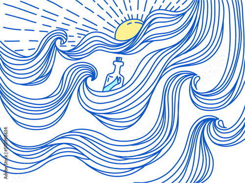 Sea waves vintage seascape horizone poster. Sea minimalist modern line art blue landscape illustration background for design
