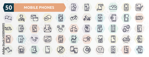 mobile phones outline icons set. thin line icons such as call by mobile phone, writing letter, exchanging arrows, phone card back, failed message, mobile analytics on screen, auricular of phone, 4g
