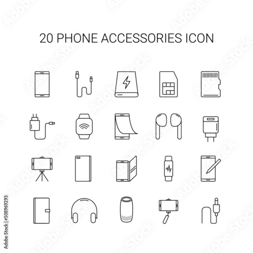 Line icon set. Phone accessories pack. Vector Illustration