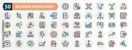 business consultant outline icons set. thin line icons such as dollar coin, wage, mobile payment, spreading, personal profile, reduction, pin code, apology, convert, online support icon.