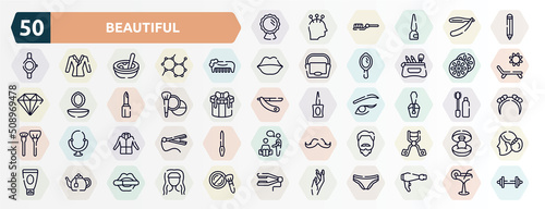 beautiful outline icons set. thin line icons such as mirror reflection, eye pencil, hand comb, citrus, cosmetic, nail paint, parka, man with goatbeard, tea pot, manicure icon.