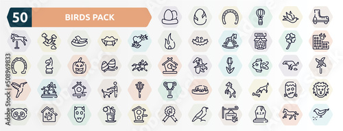 birds pack outline icons set. thin line icons such as egg, roller skate, birds couple, four leaf clover, gummy, fish, birds house, wild horse, pet hotel, bird of black feathers icon.
