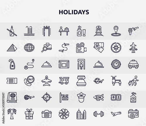 holidays outline icons set. thin line icons such as no drink, check in desk, null, bell reception, king size, travelling around the world, rent, toilets, ventilation icon.