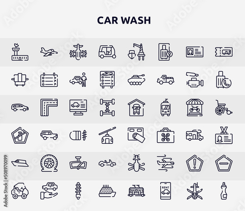car wash outline icons set. thin line icons such as air traffic controller, null, x-ray, computer test, access control, flat tire, convertible, precaution, ferry icon.