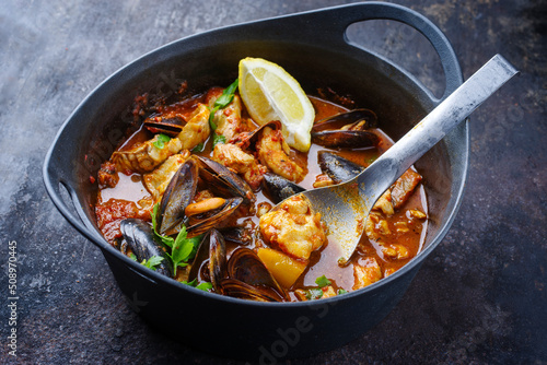 Принти на полотні Modern style traditional Spanish seafood zarzuela de pescado with fish, king pra