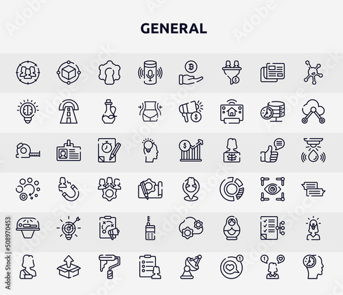 general outline icons set. thin line icons such as team target, smart assistant, invention, quiz, placement, marketing strategy, laser measurement, smart contract, profile list icon.