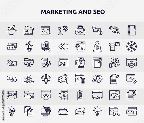 marketing and seo outline icons set. thin line icons such as pig bank, study light, big paper bill, seo report, web server, folder with plus, eticket, velocity test, women puser icon.