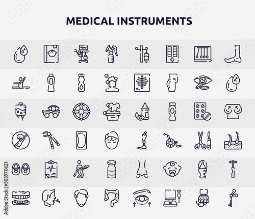 medical instruments outline icons set. thin line icons such as type 0, breast pump, stretch, life saver, prothesis, medical results, vial, baby bottle, intestine icon.