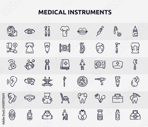 medical instruments outline icons set. thin line icons such as defibrillator, patient robe, tonometer, tooth pliers, microscopic, head mirror, potty, organ container, injured male icon.