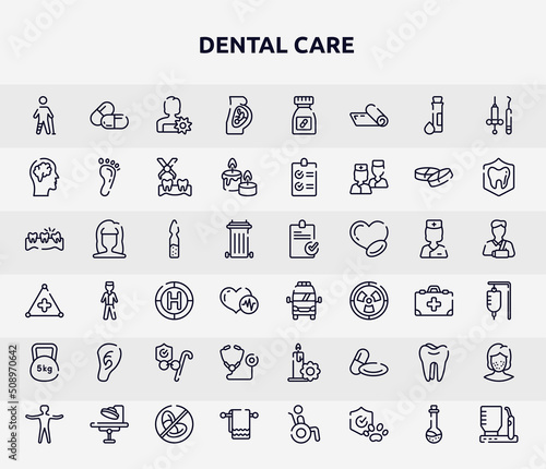 dental care outline icons set. thin line icons such as injured leg of man, fetus, brain inside human head, ampoul, frontal ambulance, ear lobe side view, medical stethoscope variant, molar, cloth
