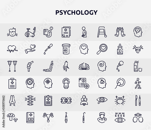 psychology outline icons set. thin line icons such as sick boy, medical records, ecg, inhalator, medical invoice, chiropractic, knee pad, seafood, periodontal scaler icon.