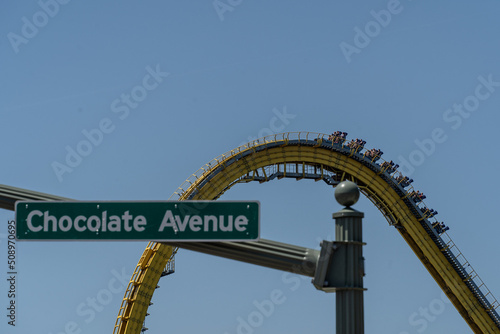 Fototapeta Naklejka Na Ścianę i Meble -  Chocolate Avenue Street Sign with Roller Coaster in background 
