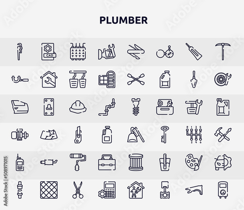 plumber outline icons set. thin line icons such as stillson wrench, side mirror, micrometer, utensils, dustpan and brush, exhaust pipe, lunchbox, pallete, mathematics icon.