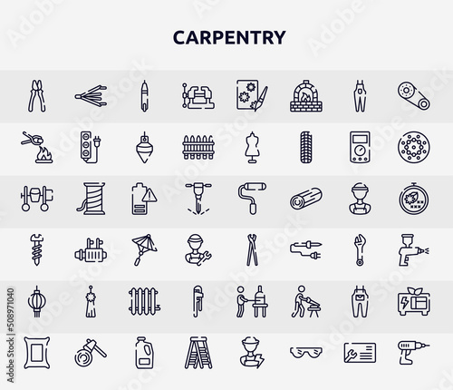 carpentry outline icons set. thin line icons such as clamps, vice, furnace, empty battery, pincers, norigae, hand tool, jumpsuit, stepladder icon.