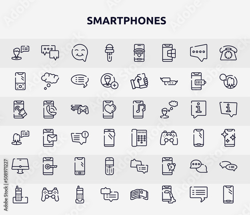 smartphones outline icons set. thin line icons such as male, news microphone, vintage phone, video game console ps4, call director phone, phone with keys, old speaker, speech bubbles with ellipsis,