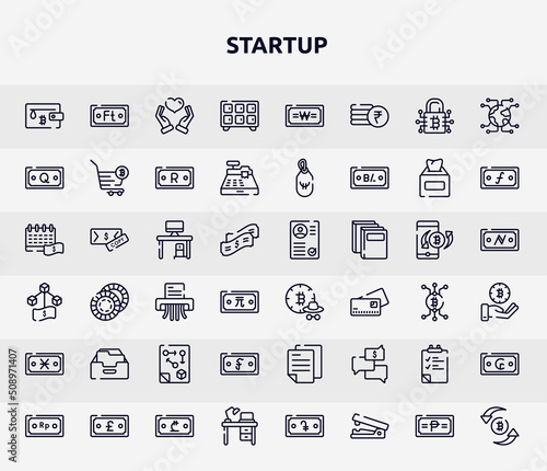 startup outline icons set. thin line icons such as inauguration, calculate, online money, halving, business plan, data mining, crowdfunding, fintech, computers icon.
