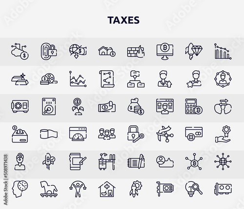 taxes outline icons set. thin line icons such as yen, piggybank, start up, decentralized, commission, difference, hierarchical structure, bank rate, wage icon.