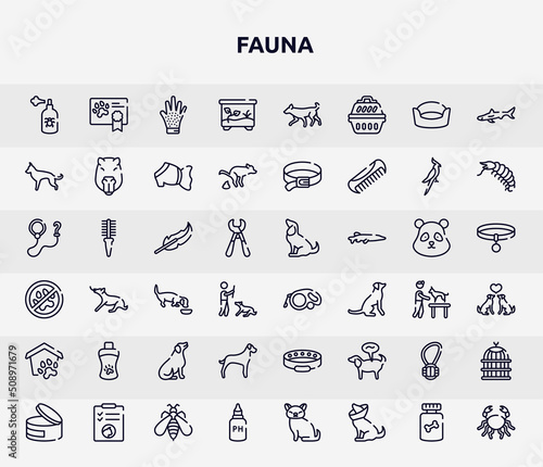 fauna outline icons set. thin line icons such as spray, terraraium, german shepherd, feathers, extending leads, shampoo, great dane, rope toy, ph test icon.