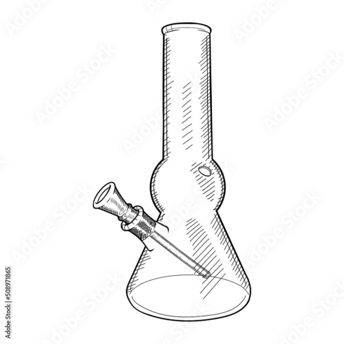 Hand drawn glass bong vector sketch isolated on white background. Device for smoking cannabis. Hookah for marijuana.