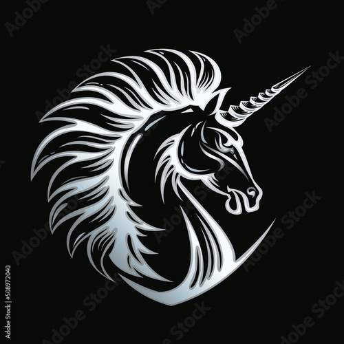 Angry Unicorn horse head. Silver emblem. Fury Magic animal glitter illustration. Vector art for icon, apparel print, insignia, mascot, sport or game team emblem, fairy tale book